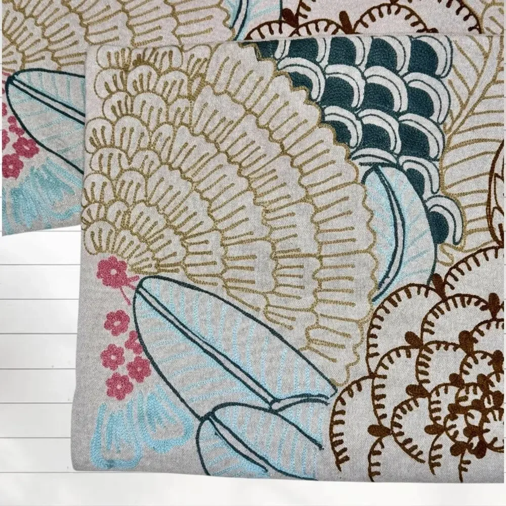 Bloomingville (2) Pillow Covers Embroidered Floral Lumbar Cotton Boho 24” x 16”